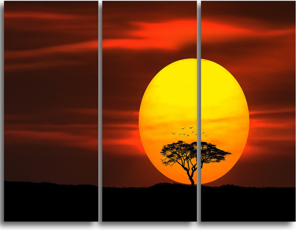 "Lonely Tree With Birds at Sunset" Metal Landscape, 3 Panels, 36"x28"