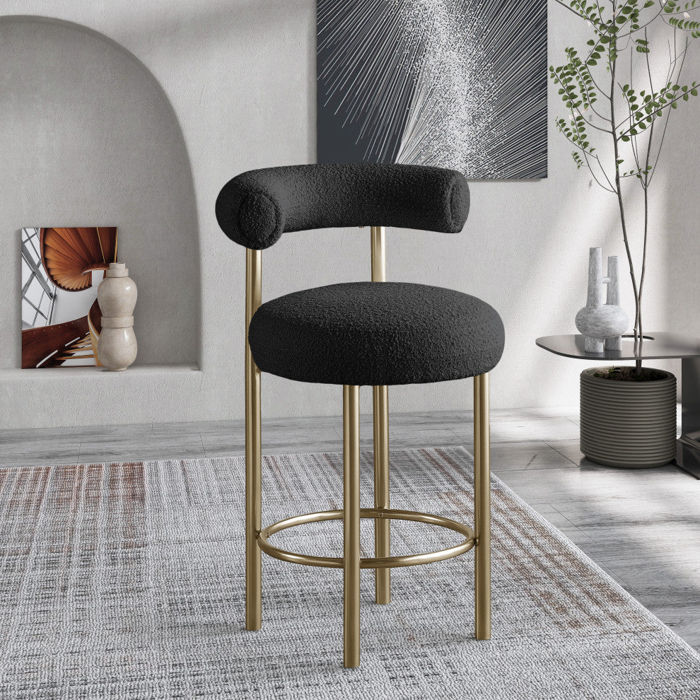 Bordeaux Upholstered Stool, Black, Boucle Fabric, Brushed Brass, Set of 2