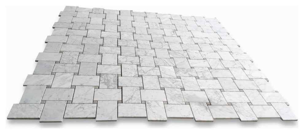 Carrara Marble Wide Basketweave Mosaic Tile Gray Dots Carrera Honed, 1 sheet