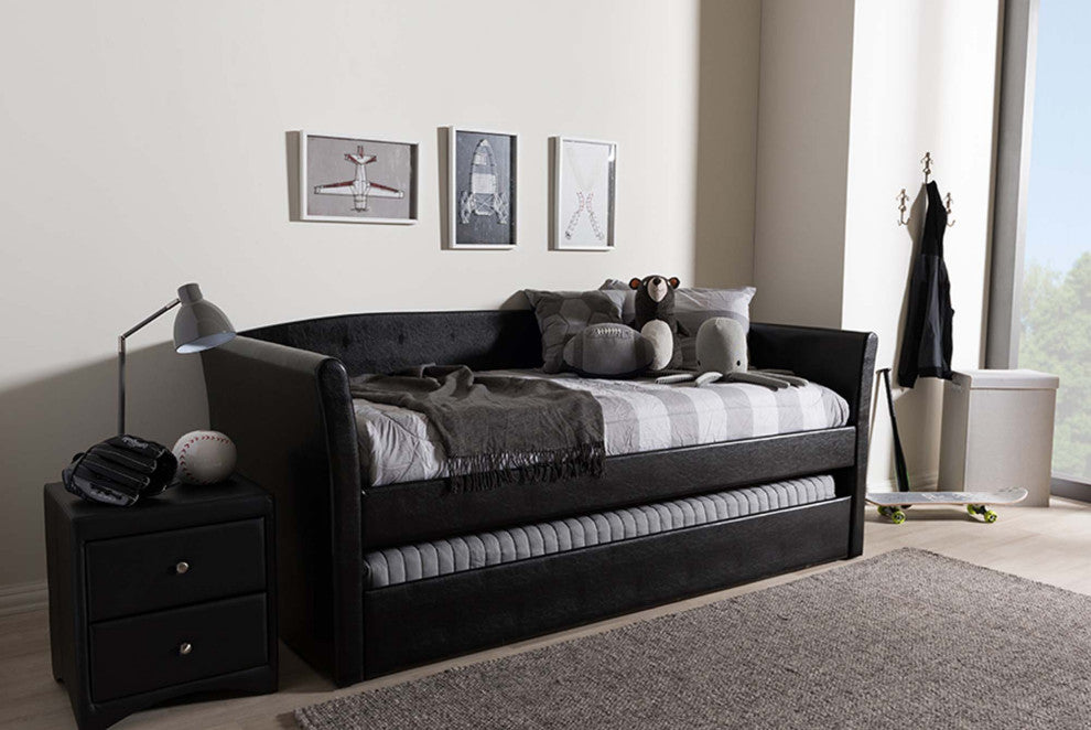 Jolene Fabric Upholstered Daybed With Trundle Bed, Black