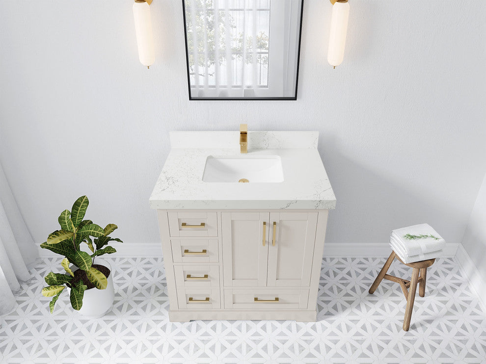 Boston 36" Center Sink Bath Vanity in Fine Grain 2" Empira Quartz