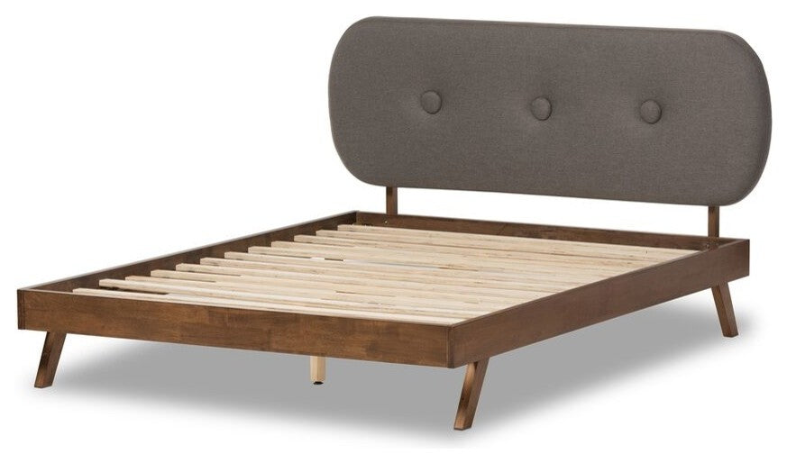 Penelope Solid Walnut Wood Fabric Upholstered Platform Bed, King