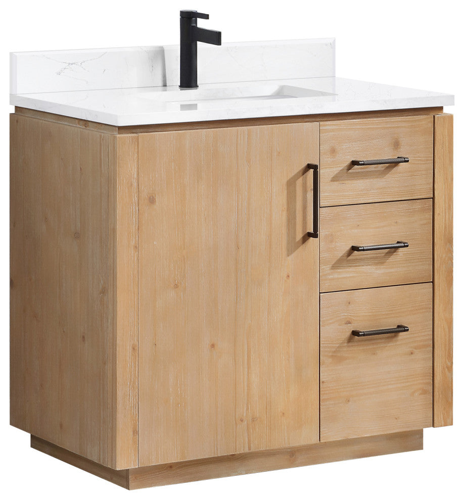 San Bath Vanity with Stone Top, Fir Wood Brown, 36", Single Vanity, No Mirror