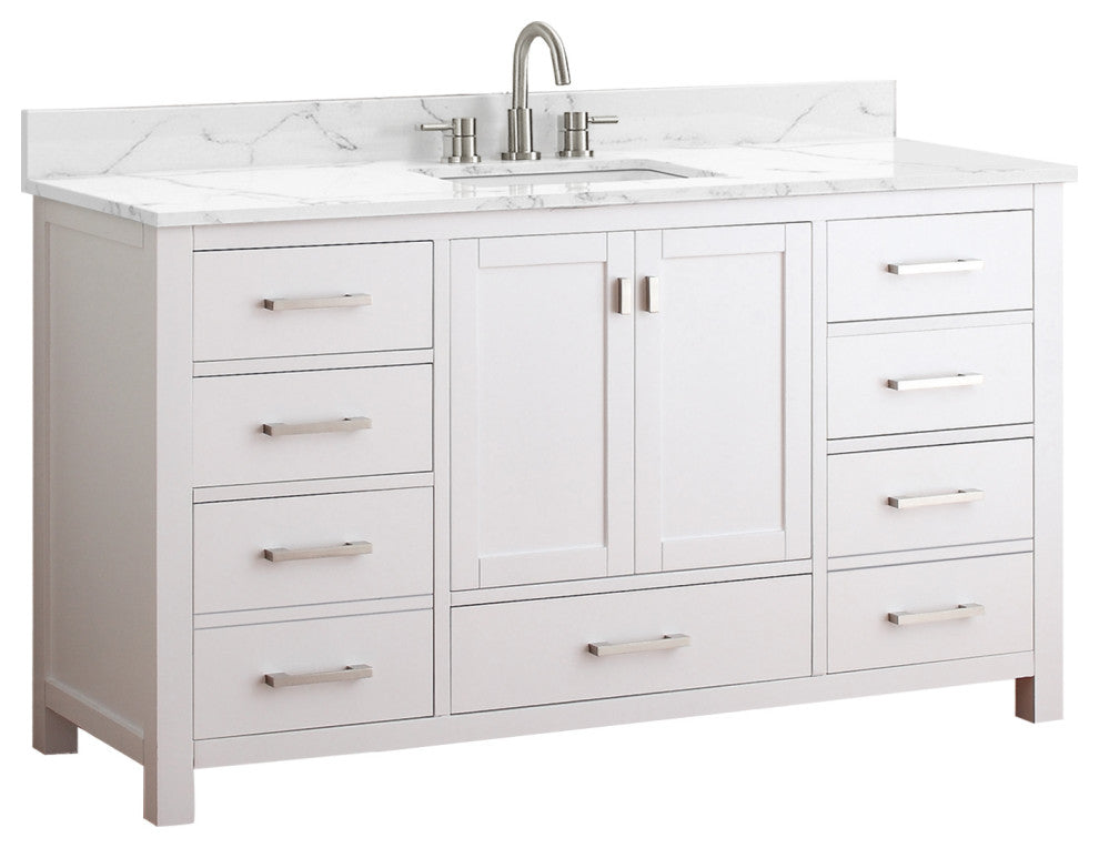 Avanity Modero 60" Single Vanity, White, Cala White Engineered Stone Top