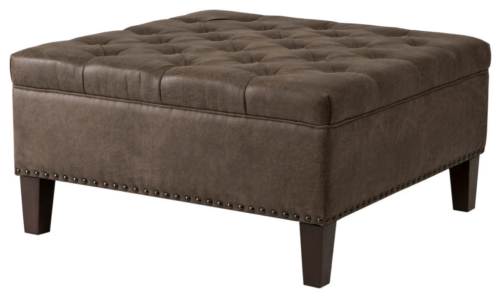 Madison Park Leathered Tufted Square Ottoman, Brown