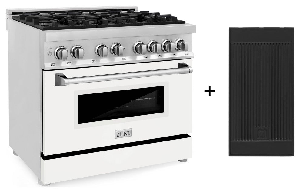 ZLINE 36" Dual Fuel Range With Griddle and White Matte Door, Stainless Steel