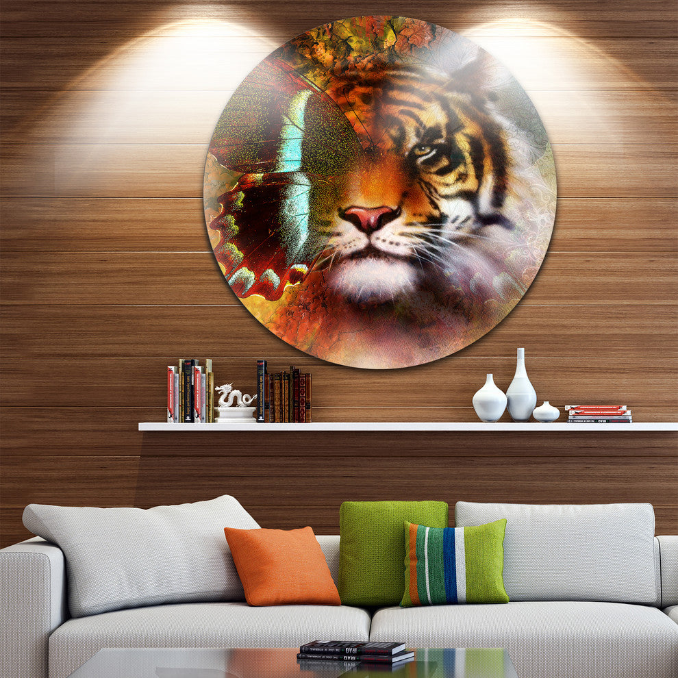 Tiger With Butterfly Wings, Animal Digital Art Round Metal Artwork, 36"