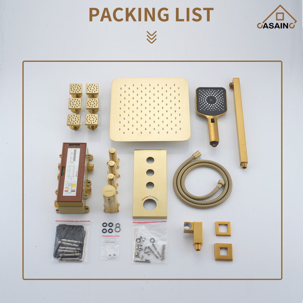 3 Functions 12 Inch Wall Mount Thermostatic Shower System, Brushed Gold