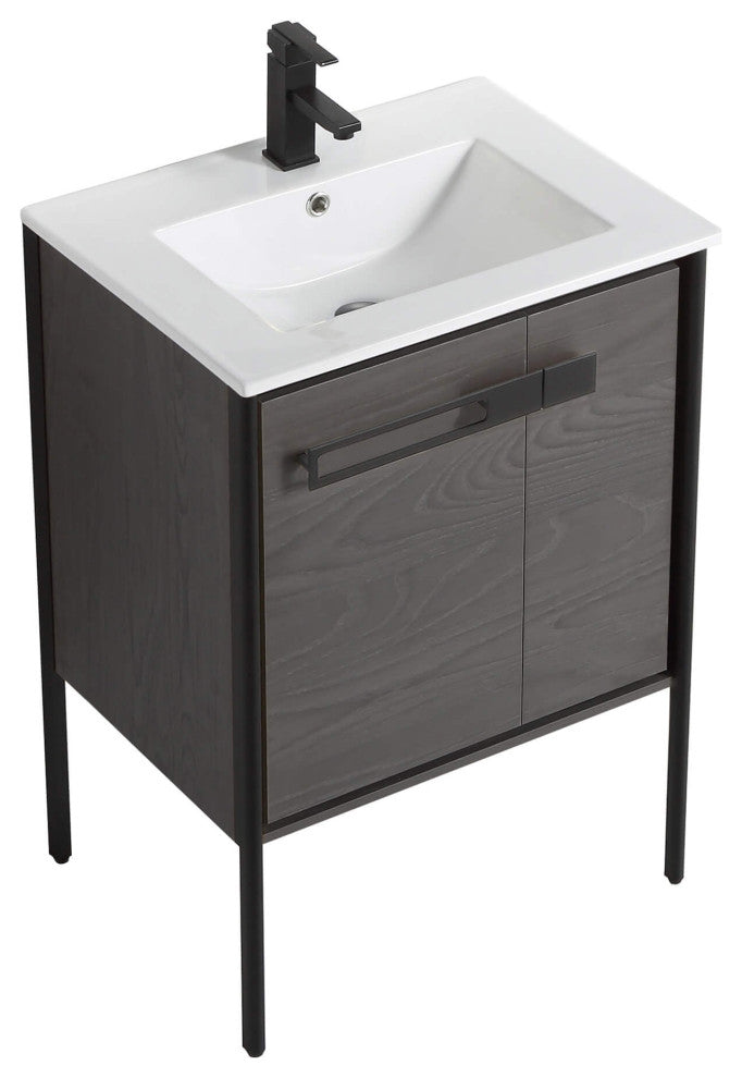 Oakville Bath Vanity, Ceramic Sink, Black Coal Oak, 24 Inch, Black Hardware