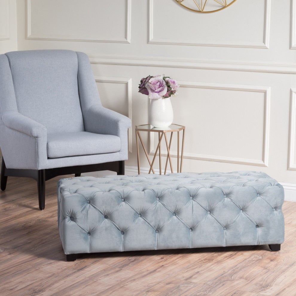 GDF Studio Provence TModern Glam Tufted Velvet Ottoman Bench, Light Gray