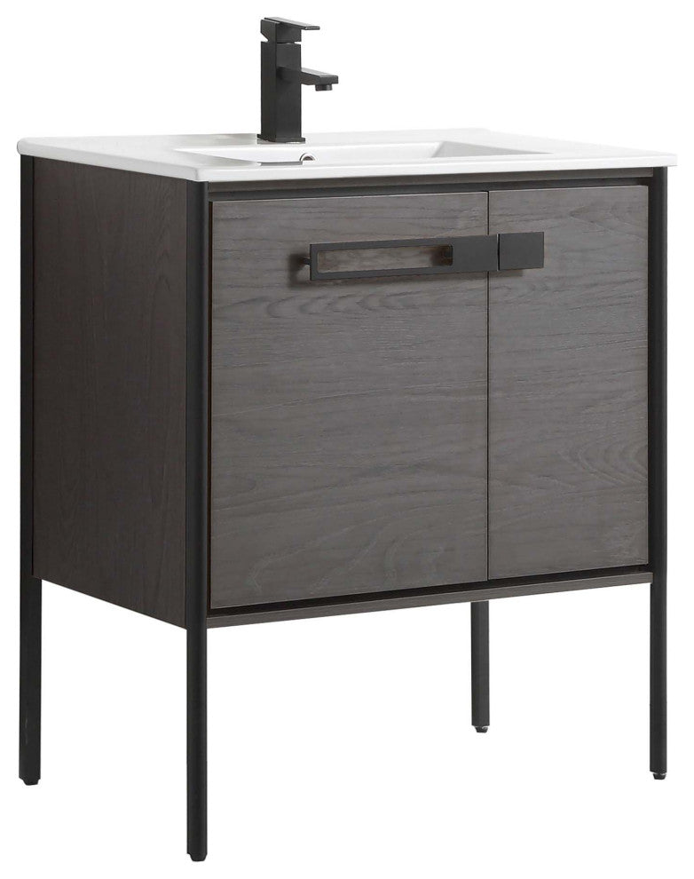 Oakville Bath Vanity, Ceramic Sink, Black Coal Oak, 30 Inch, Black Hardware