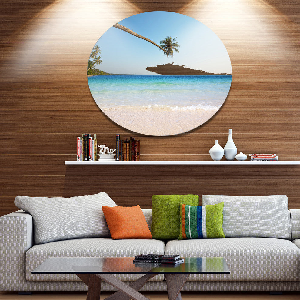Long Coconut Palm Into The Sea, Seashore Disc Metal Wall Art, 23"