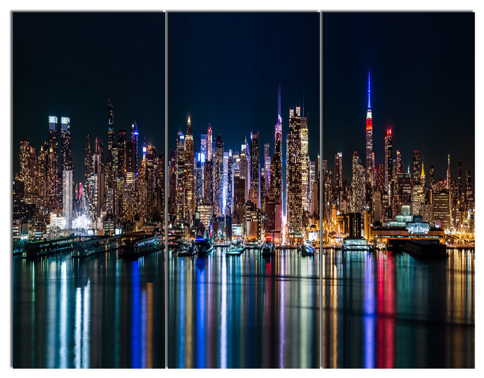 New York Midtown Night Panorama, Triptych Canvas Art Print, 36x28, 3 Panels
