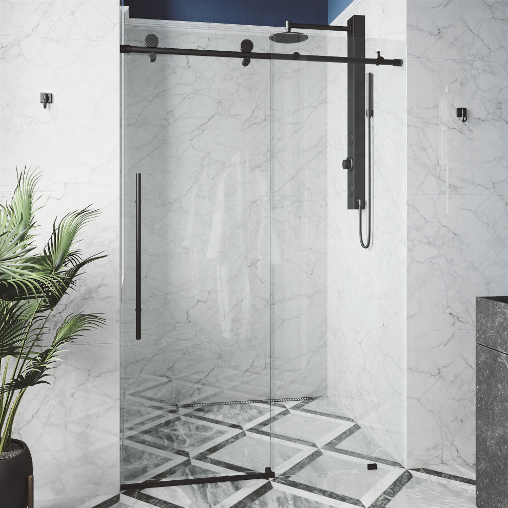 VIGO Elan E-Class 56" to 60" W x 76" H Frameless Sliding Shower Door, Matte Black, Clear Glass