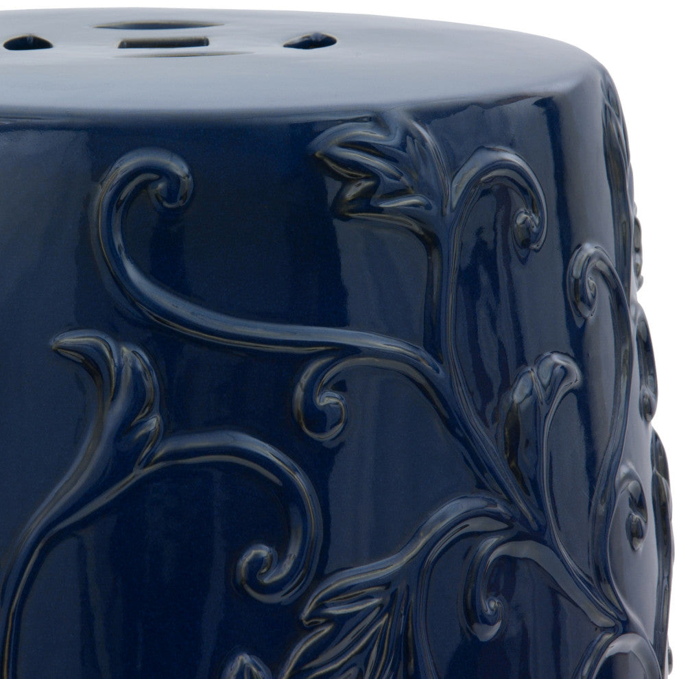18" Dark Blue Carved Flowers Porcelain Garden Stool