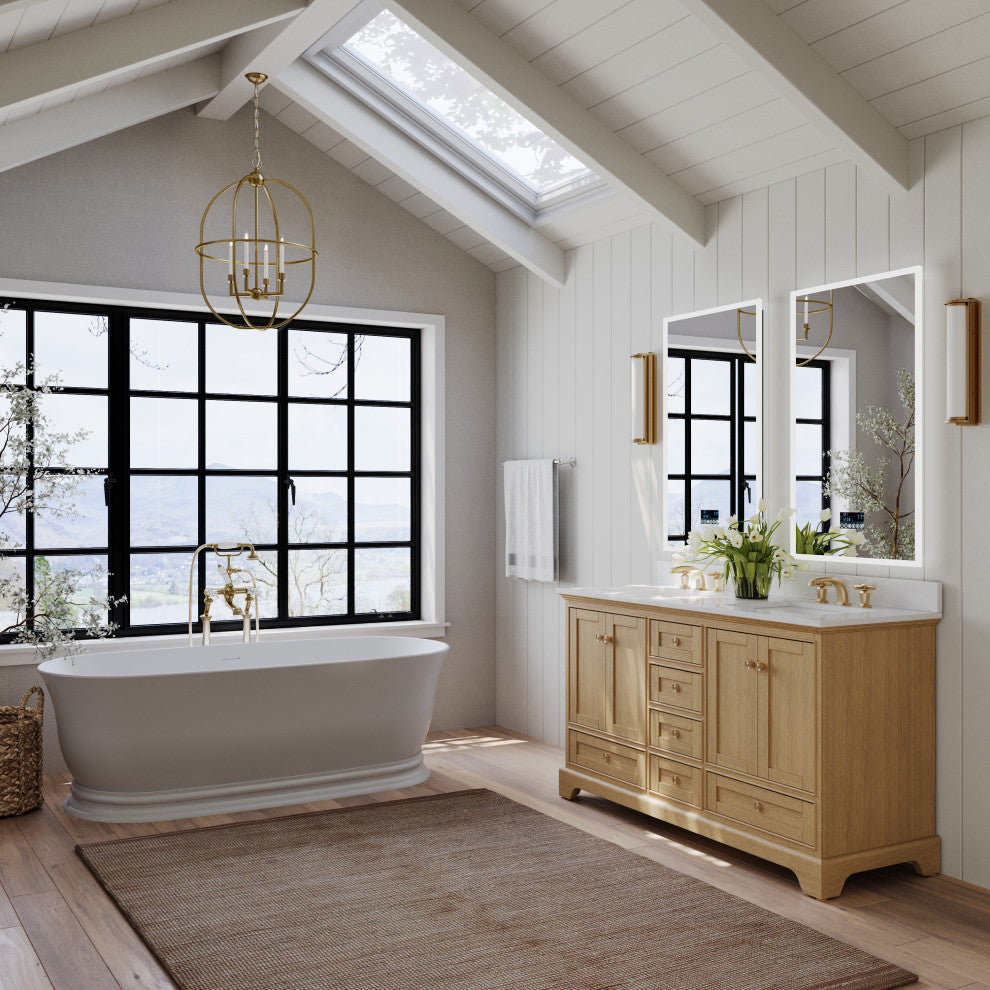 Audrey Vanity Set, Oak, 60", Gold Hardware, White Quartz Top