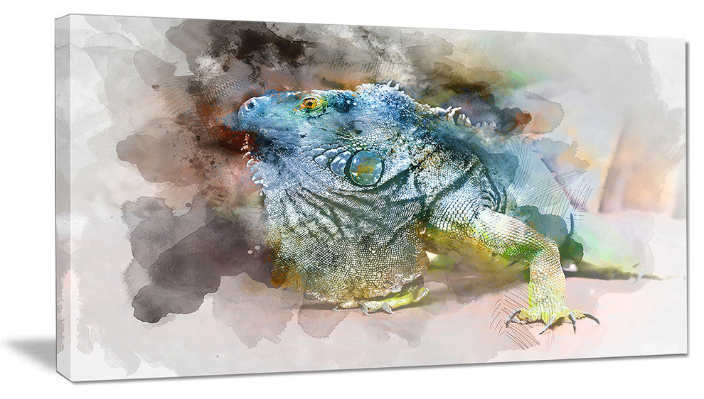 Green Iguana Close Up Painting, Large Abstract Canvas Artwork, 32"x16"