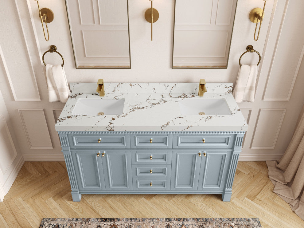Paris 60" Double Sink Bathroom Vanity, Blue Heather 2" Viola Brown