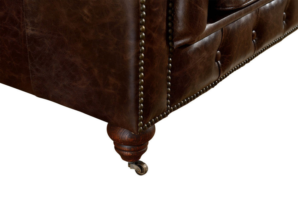 Crafters and Weavers Top Grain Leather Chesterfield Sofa, Dark Brown