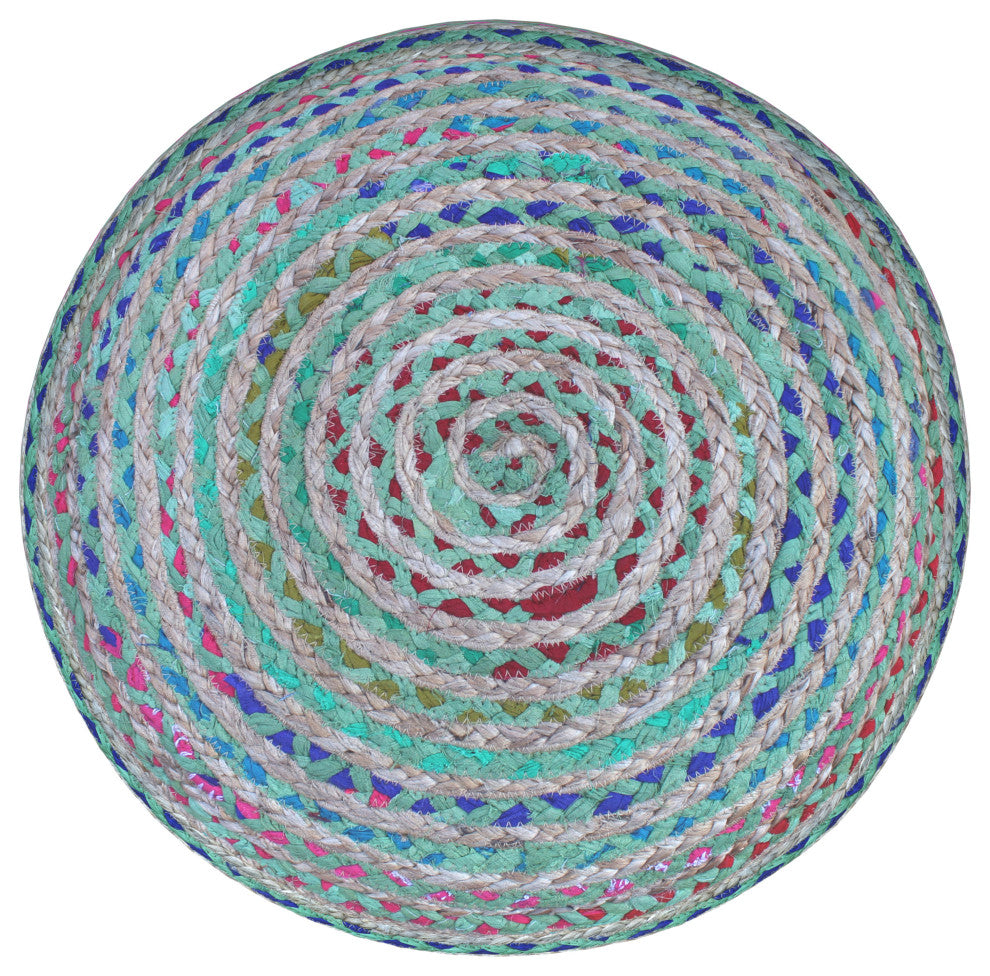 Margo Round Pouf, Braided Jute, Green