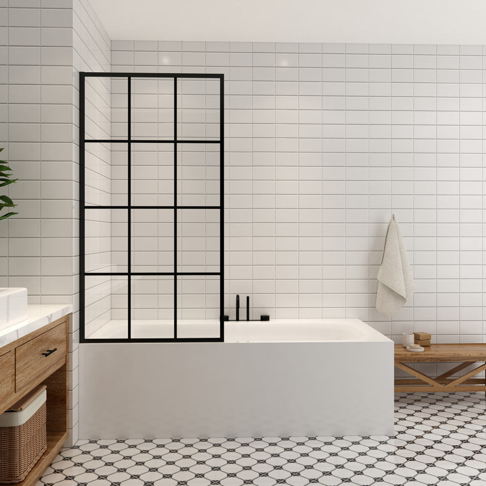 Puente Bathtub Screen Framed Glass Shower Door Shower Panel, Matte Black, 34" W X 58"h