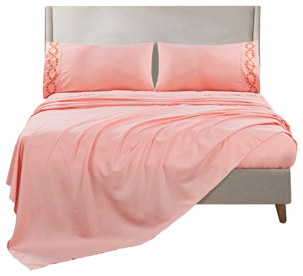 Serenta Puka Lei Embroidered 4 Piece Bed Sheet Set, Rose Quartz, King