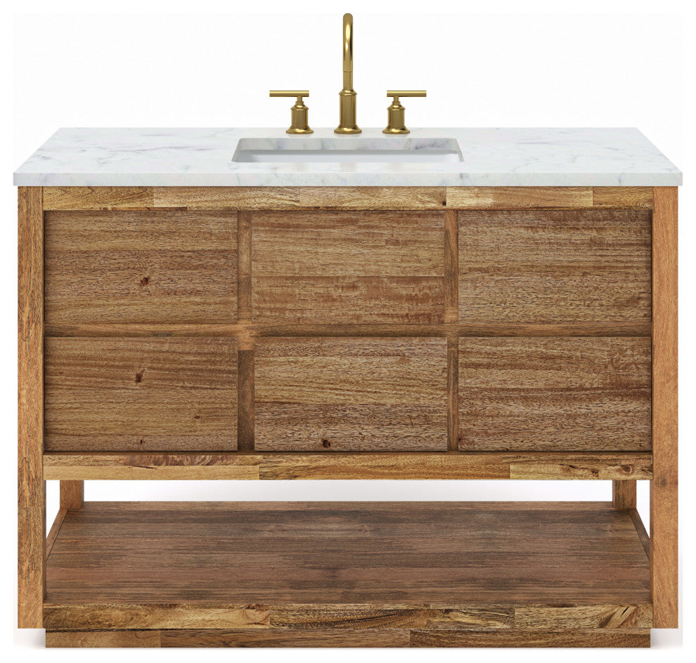 Oakman Marble Top Vanity in Mango Wood with Faucet, 48, Vanity With Satin Gold Faucet