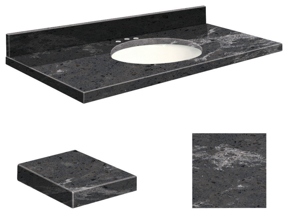 Quartz 49"x19" Vanity Top, Single Faucet Hole, White Bowl, Milky Way, 8" Offset