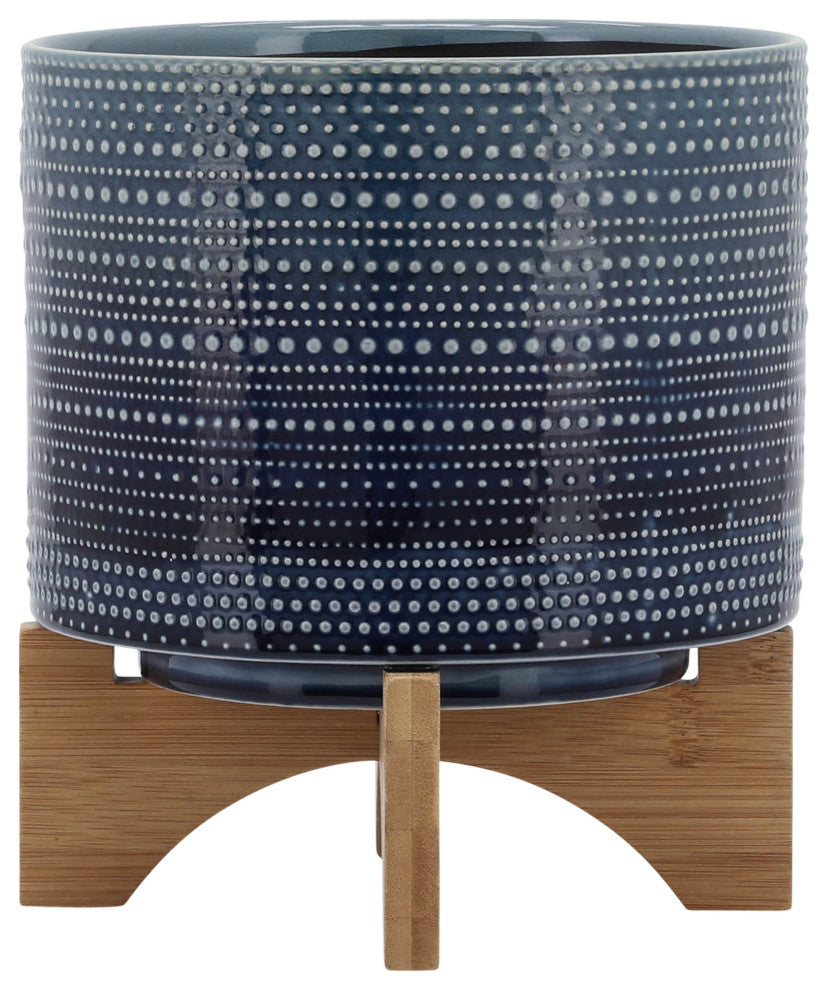 8" Dotted Planter With Wood Stand, Blue