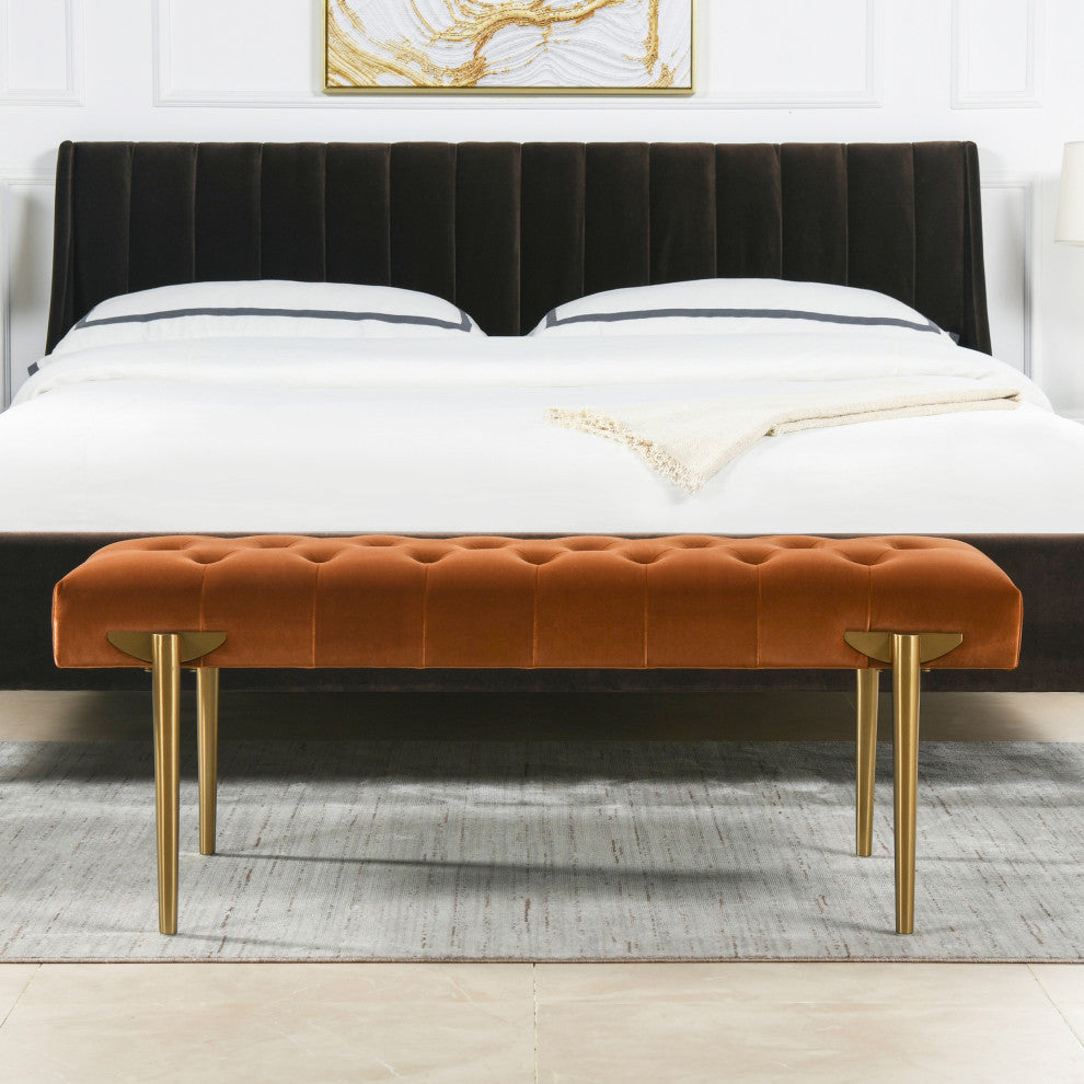 Aria 49" Upholstered Tufted Gold Accent Entryway Bench, Burnt Orange Performance Velvet