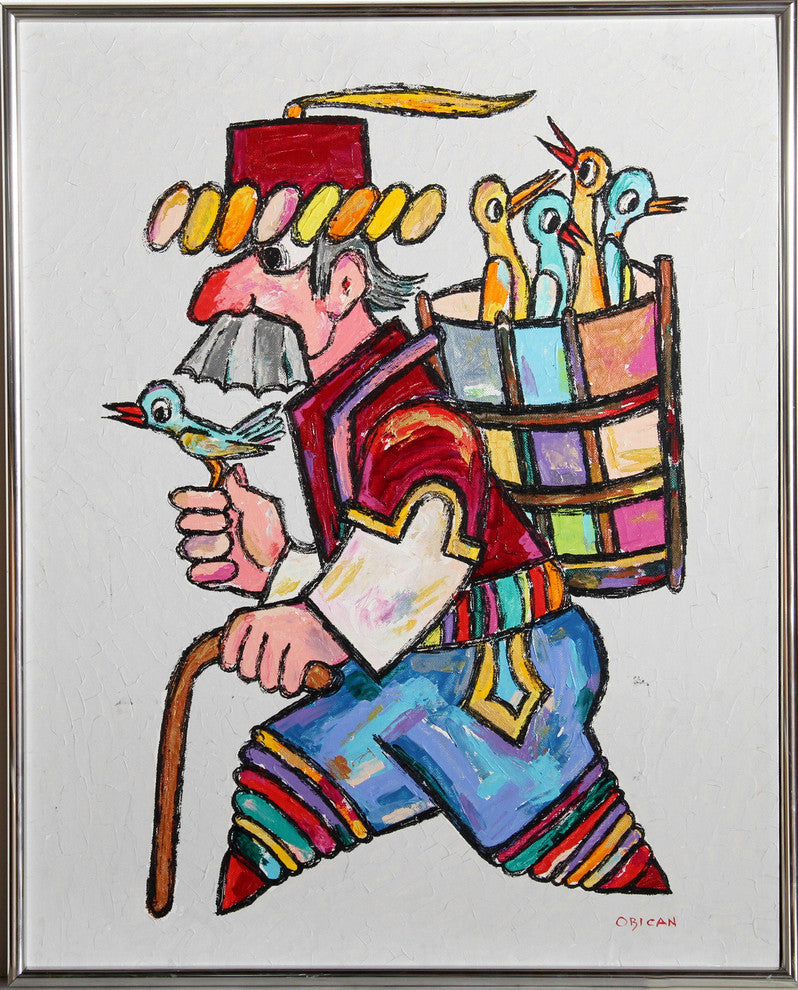 Jovan Obican "Traveler With Birds" Oil Painting