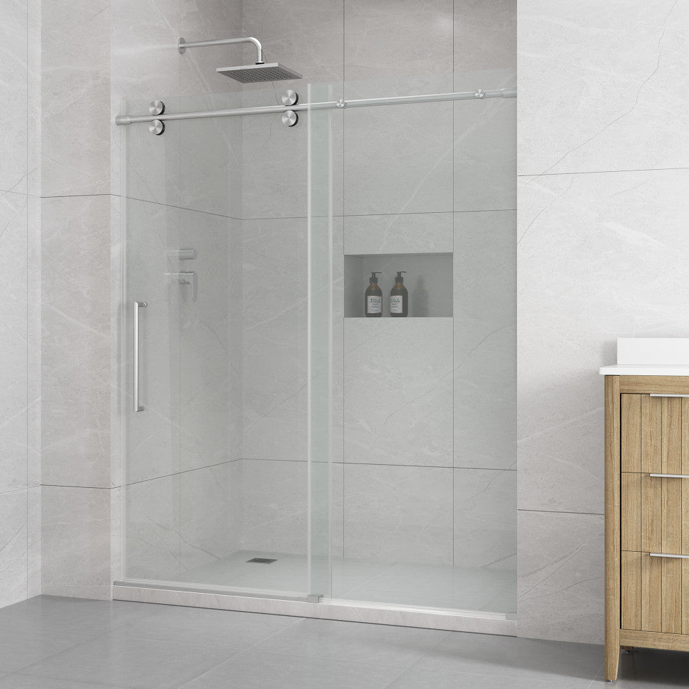 Reva Frameless Sliding Clear Alcove Shower Door, Satin Nickel, 60"