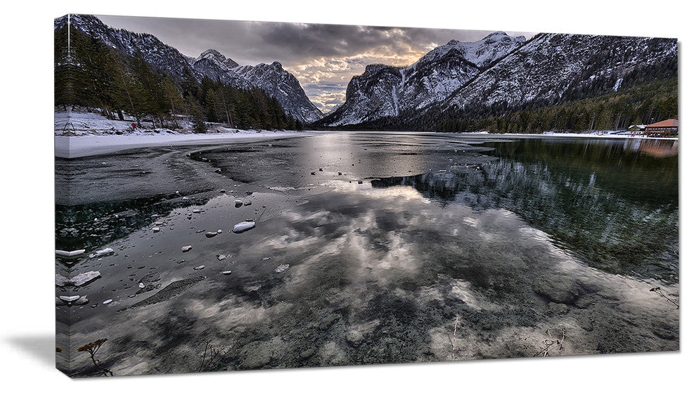 "Black Icy Mountain Lake With Snow" Landscape Wall Art, 1 Panel, 60"x28"