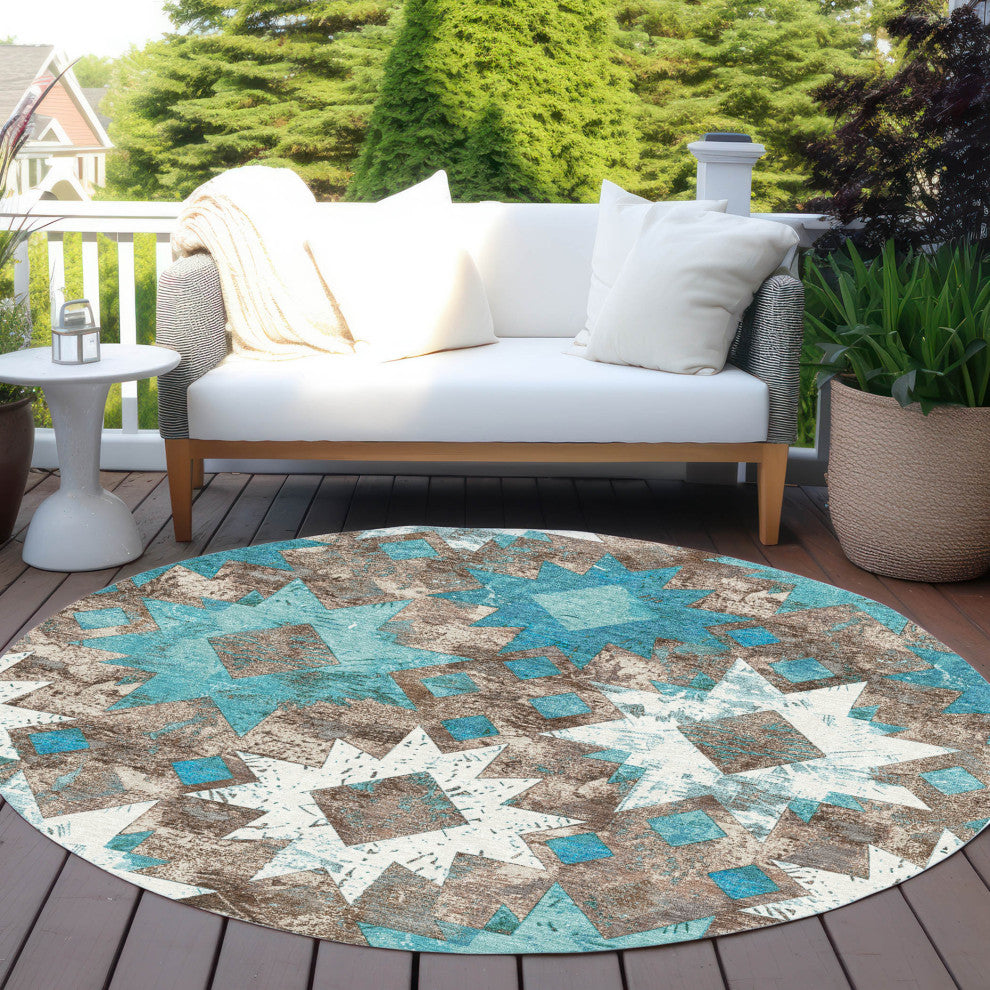 Machine Washable Indoor/Outdoor Chantille ACN1879 Teal 8' x 8' Round Rug