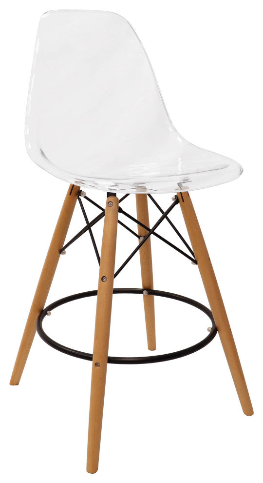 LeisureMod Dover Plastic Barstool With Beech Wood Legs and Footrest, Clear