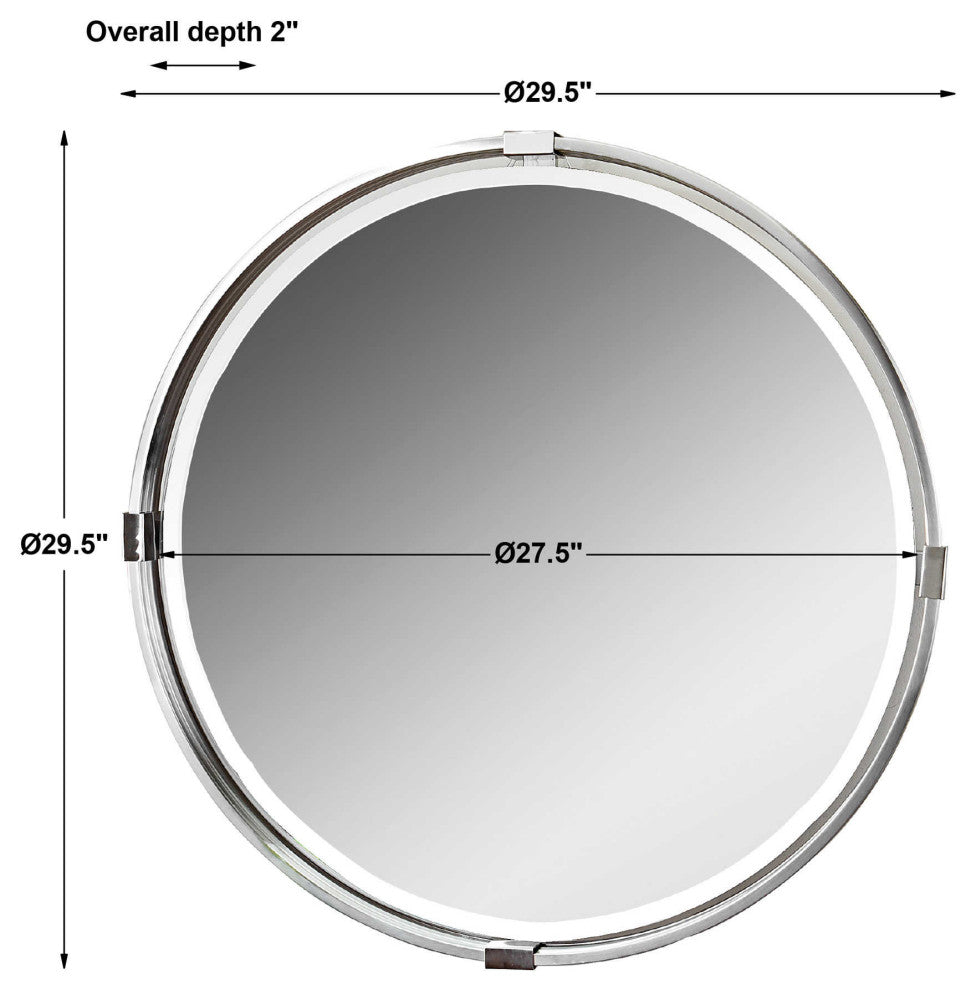 30" Round Wall Mirror, Silver Nickel Chrome