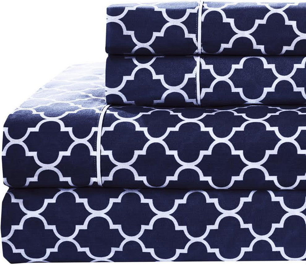 Percale Meridian 100% Cotton Sheet Set, Navy and White, Full