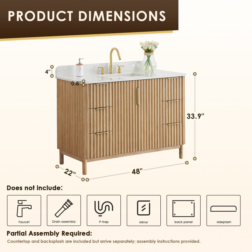 Sierra Bathroom Vanity, Washed Light Brown, 48inch, Without Mirror