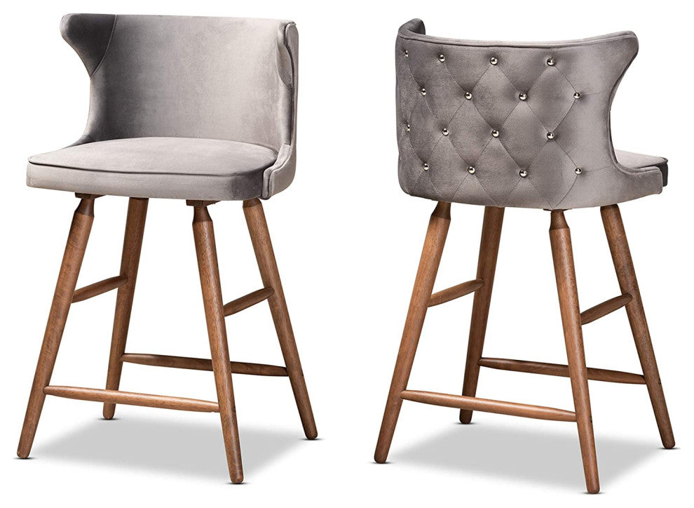 Set of 2 Counter Stool, Velvet Seat & Curved Back With Jewelry Tufting, Grey