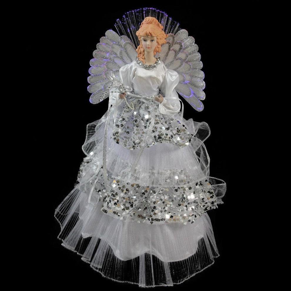 Lighted Battery Operated Fiber Optic Angel Sequined Gown Christmas Tree Topper