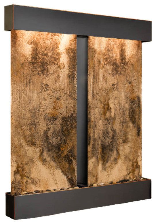 Cottonwood Falls Water Fountain, Magnifico Travertine, Blackened Copper, Square