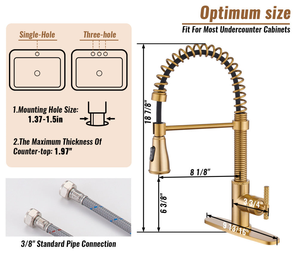 Single Handle Kitchen Faucet Pull-Down Sprayer, 360 Swivel, Three Functions, Brushed Gold