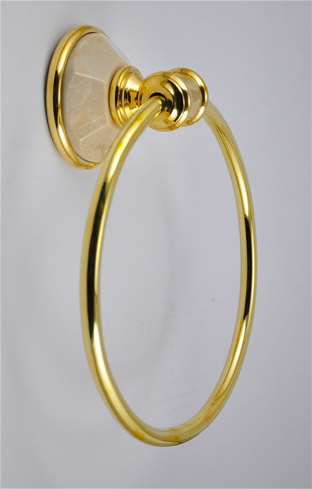 Towel Ring With Botticino Marbel Accents, Polished Nickel