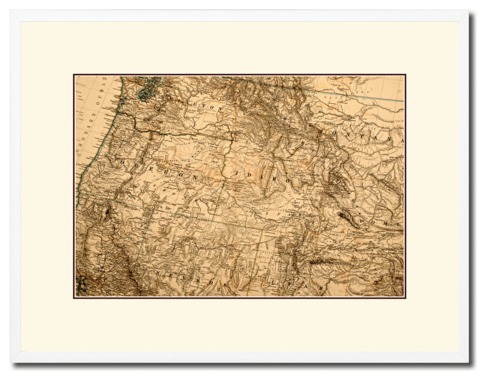 US Pacific Northwest Old Map Print On Canvas With Frame Art Collection 16" X 21"