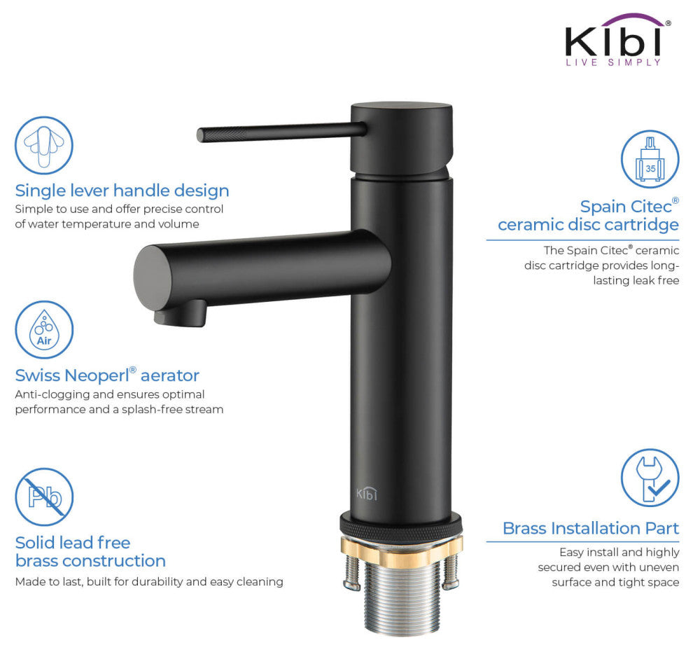 Circular X Brass Single Hole Bathroom Faucet KBF1010, Matte Black, With Drain