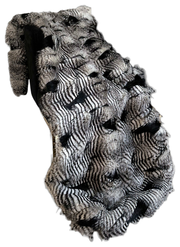 Plutus Black White Feather Faux Fur Luxury Throw, Blanket 114"L x 120"W King