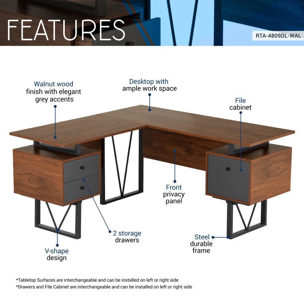 Reversible L-Shape Computer Desk With Drawers and File Cabinet