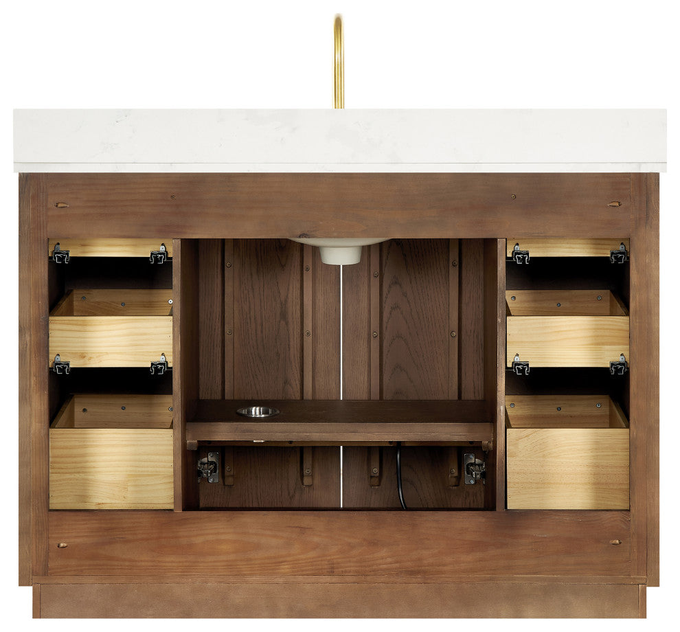 Oza Bath Vanity with Quartz Stone Top, Aged Dark Brown Oak, 48", Single Vanity, With Mirror