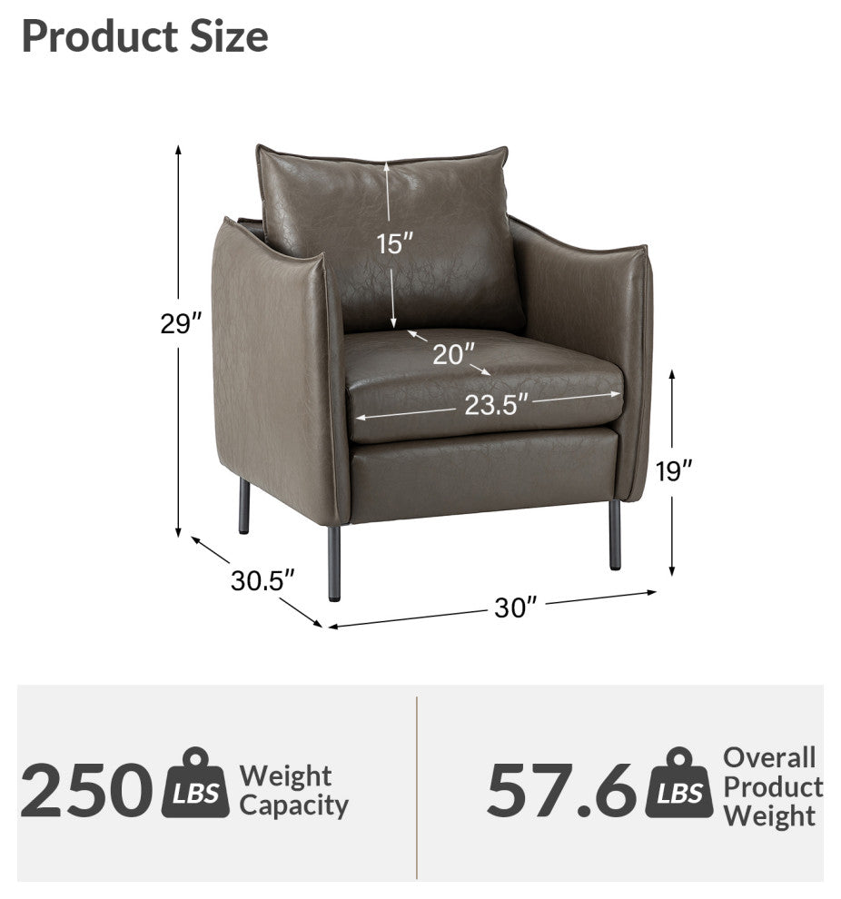 Traditional Leather Armchair With Metal Legs, Gray