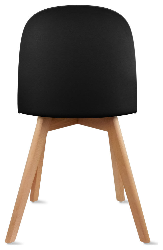 Set of 4 Modern Dining Side Chairs Molded Plastic With Round Back Wooden Legs, Black